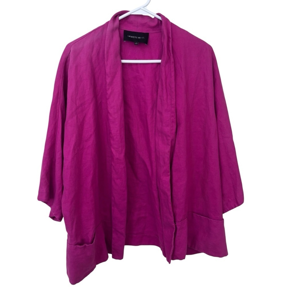 Lafayette 148 fuschia Aviva Open Front kimono Cardigan blazer 100% linen L